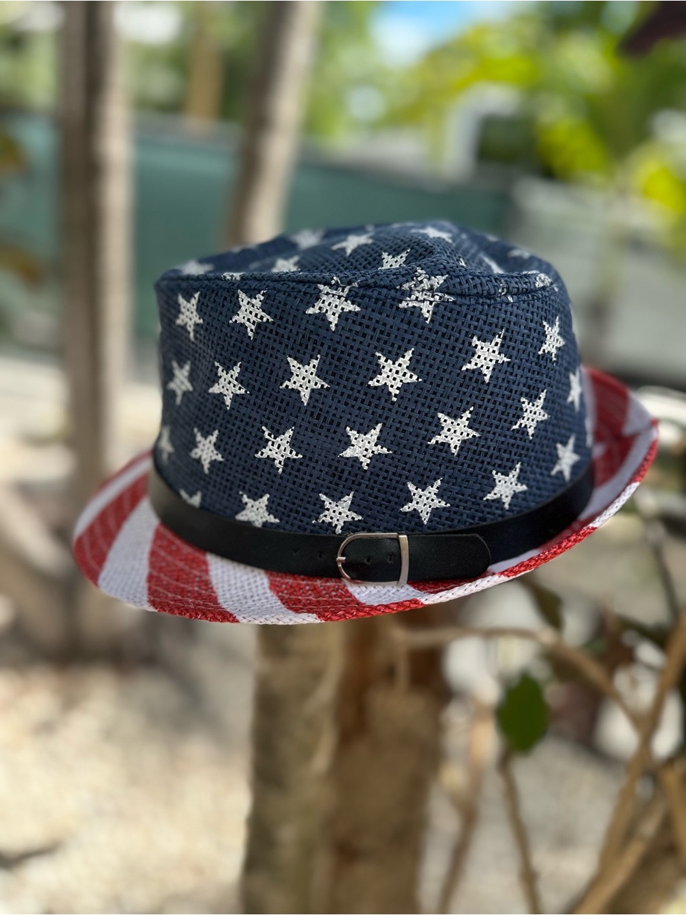 Patriotic American Flag Fedora Hat Red White Blue Straw Look 4th of July - Picture 1 of 6